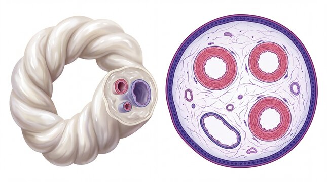 Medical umbilical cord illustration, anatomical cross section of fetal cord, human pregnancy anatomy diagram for education and healthcare