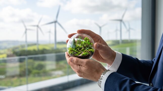 Hands holding a glass sphere containing a miniature green forest ecosystem with wind turbines visible in the, symbolizing renewable energy and environmental sustainability