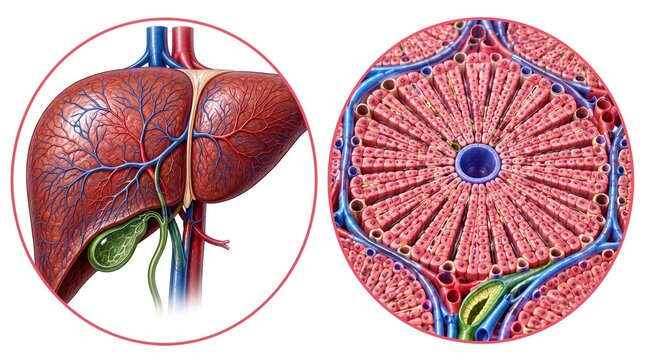Human liver anatomy and lobule microstructure, medical illustration of hepatic system with gallbladder, internal organ cellular detail