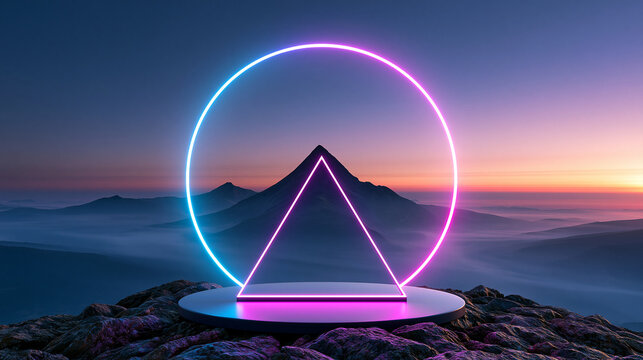 Abstract glowing neon circle and triangle floating above majestic mist-covered mountains at sunset, futuristic landscape, surreal travel concept, vibrant purple and blue
