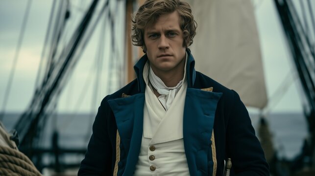 Young man stands on ship deck at sea during cloudy day, showing a focused expression and naval attire in a historical setting