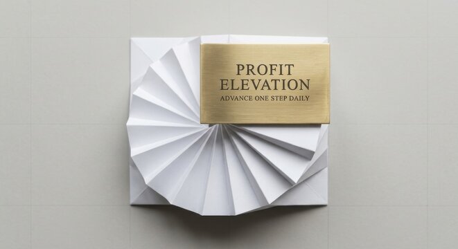 Profit Elevation Concept: Folded Paper Stairs and Gold Plaque with Business Motto