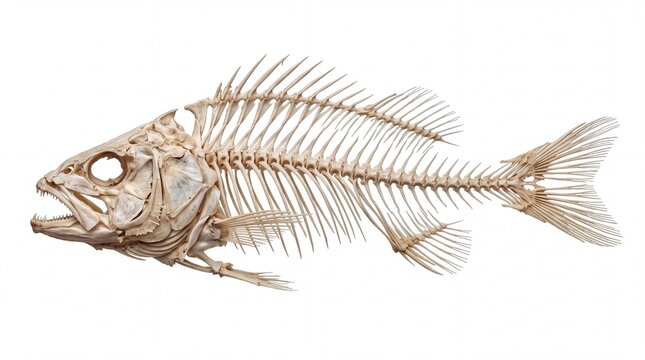 Detailed anatomical fish skeleton displaying sharp teeth and intricate bone structure isolated in high resolution capture on white background