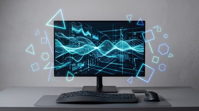 Futuristic computer monitor displaying abstract holographic data visualization with glowing blue neon geometric shapes, representing advanced technology, digital analytics