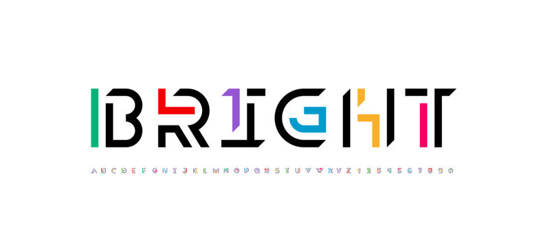 Logo font alphabet from segment multi colored lines, letters A, B, C, D, E, F, G, H, I, J, K, L, M, N, O, P, Q, R, S, T, U, V, W, X, Y, Z and numerals 0, 1, 2, 3, 4, 5, 6, 7, 8, 9, vector illustration
