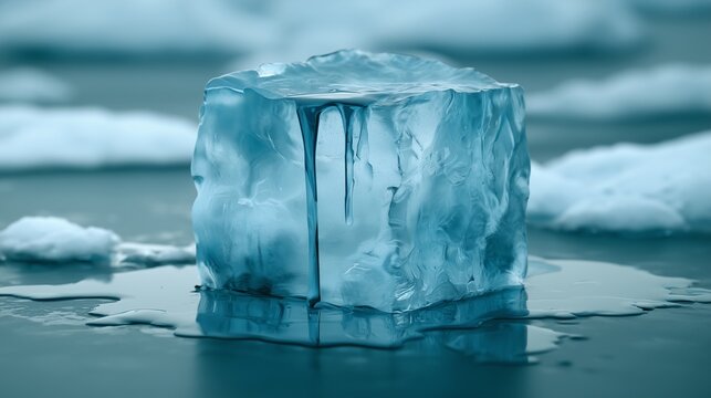 Melting ice cube on water surface in a cold environment with other ice pieces around