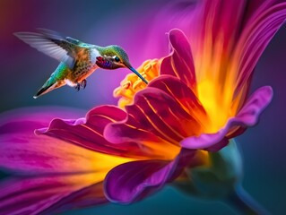 Naklejka premium Hummingbird Feeding on Vibrant Flower