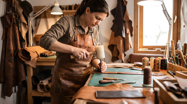 A female artisan focuses on leather crafting, using a mallet on workbench in a well-lit workshop.