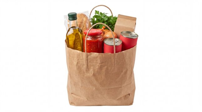 Paper grocery bag filled with fresh vegetables, olive oil, canned tomato sauce, and bread products isolated on white background