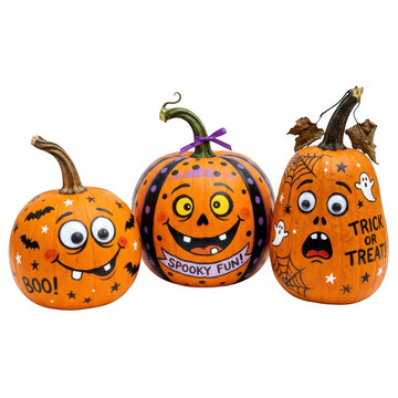 Three funny painted halloween pumpkins with silly faces