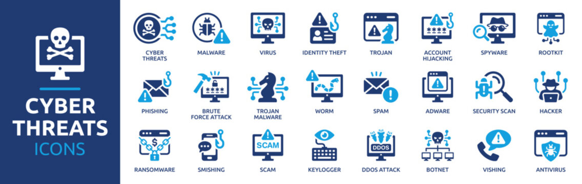Cyber Threats and Cybersecurity Icon Set: Malware, Virus, Trojan, Phishing, Spam, Scam, DDoS Attack, Hacker and Brute Force Attack. Solid vector icons collection.