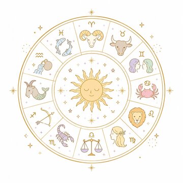 淡い色彩で描かれた12星座と太陽の占星術ホロスコープホイール