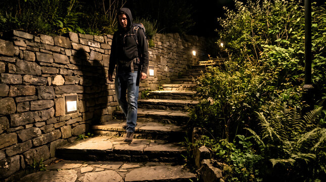 A hooded man with a backpack walks down stone stairs at night, surrounded by plants and stone walls lit by small outdoor lights.