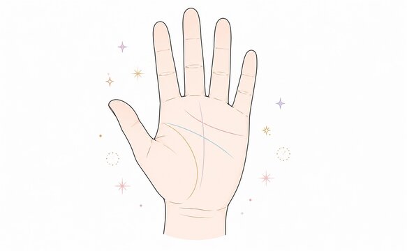 カラフルな線が描かれた手のひらの手相と、輝く装飾が施されたスピリチュアルなイラスト