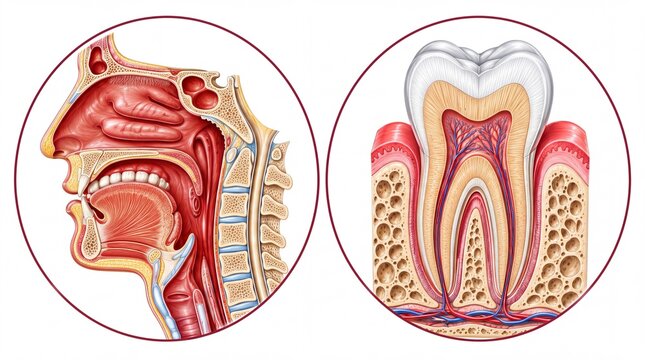 Medical illustration of human head anatomy and tooth structure, cross section of nasal cavity and oral system, dental molar diagram for education