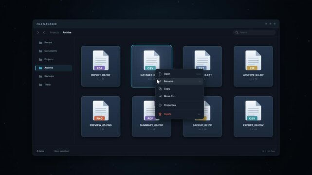 File manager context menu delete makes a document icon dissolve into particles permanently