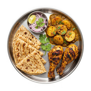 Traditional Indian chicken curry with roti and potato dish isolated on transparent background