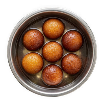 Indian gulab jamun dessert in a metal bowl isolated on transparent background