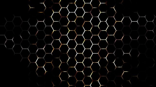 spreading hexagon structure, golden glowing honeycomb pattern isolated on black background, motion design element overlay template, geometric shape, horizontal