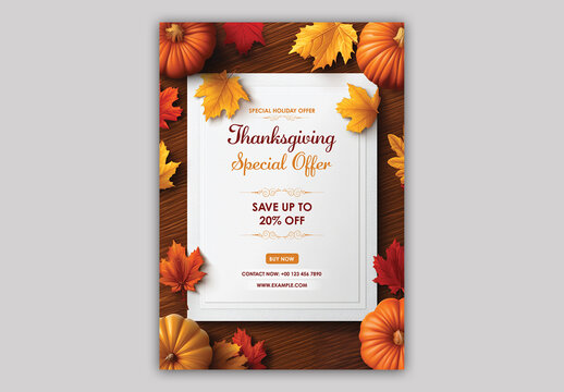 Editable Thanksgiving Sale Flyer Template with 20 Percent Off and Autumn Element on Wooden Background.