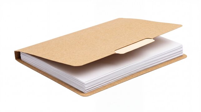 Brown kraft paper folder containing a stack of crisp white office documents displayed from a high angle on white background