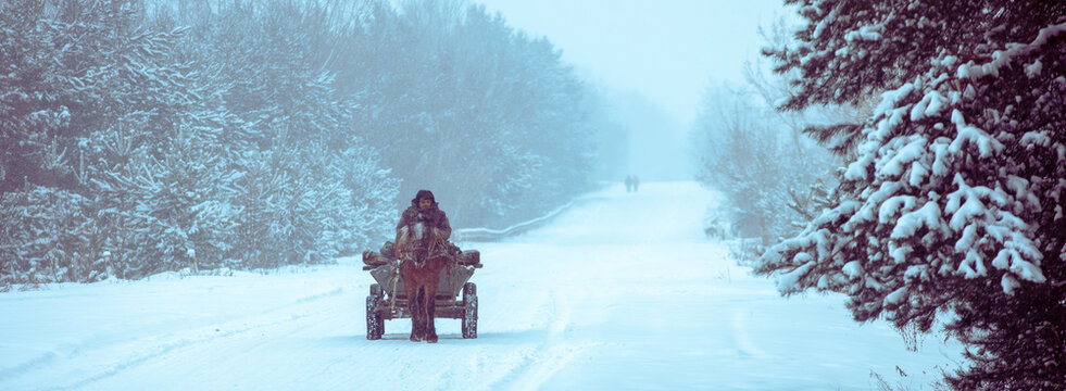 A man rides in a horse-drawn cart on the winter snowy road