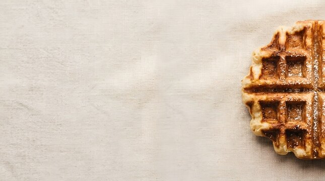 Fresh Baked Golden Belgian Waffle Resting On A Textured Fabric Surface Showing Delicious Texture And Appetizing Culinary Patterns That Make A Perfect Morning Breakfast Treat For Your Daily Meal