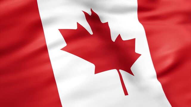 Realistic Canada flag waving in the wind with detailed fabric folds and national maple leaf background