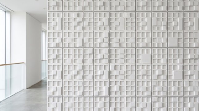 Modern white 3D geometric wall panel texture, abstract architectural interior design element with square patterns, minimalist decoration surface for contemporary home or office