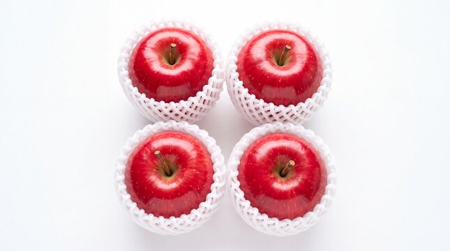 Four fresh bright red organic apples protected by white foam wrapping nets arranged in a square grid on white background