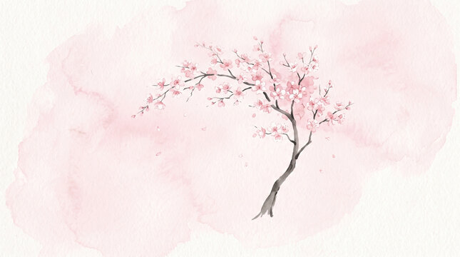 Japanese style watercolor cherry blossom tree illustration on soft pink background .cherry blossom , 