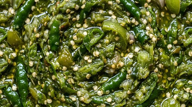 Fresh spicy green chili pepper condiment mixture mashed with oil and herbs for traditional cooking recipe seasoning to add heat and flavor to culinary dishes prepared in a kitchen for home meals