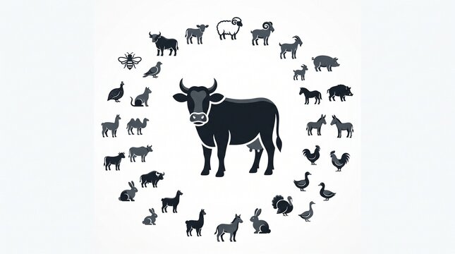 Farm Animal Icon Collection, Livestock Domestic Creature Dark Black Vector Set
