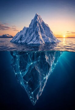 Conceptual digital iceberg emerging from a calm ocean, combining realistic frozen peaks with a glowing neural network beneath water, symbolizing hidden technology, data, and complexity.