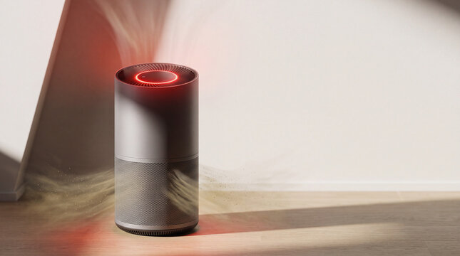 Air purifier with glowing red warning light for pm2.5 and dust filtration in room