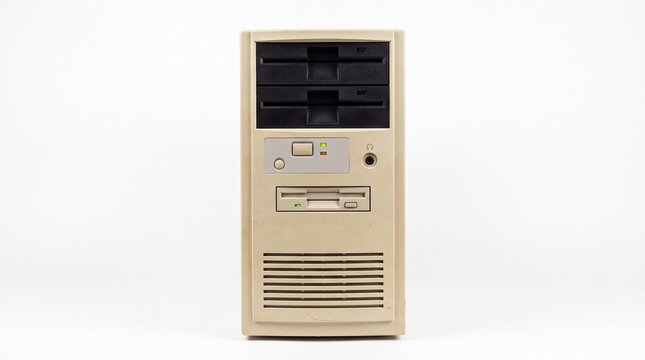 Vintage beige desktop computer tower featuring classic floppy disk drive slots in a front facing studio portrait on white background