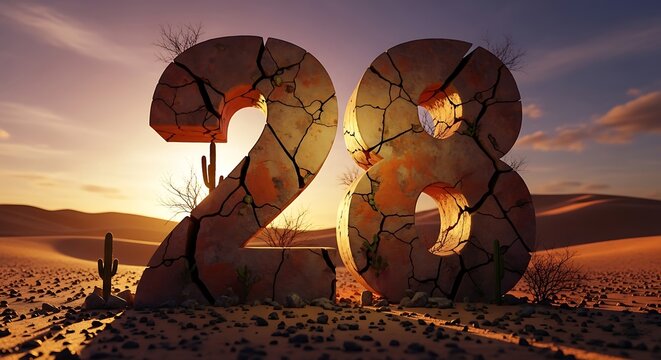 Giant cracked stone numbers 28 in desert landscape at sunset.
