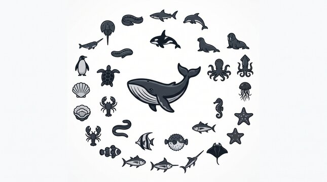 Marine Ocean Animal Icon Collection, Sea Life Aquatic Creature Dark Black Vector Set