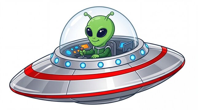 Friendly green alien pilot steering a silver metallic spacecraft with glowing blue lights in a cute cartoon style on white background