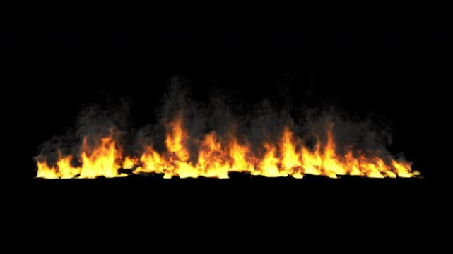 A wide 3D rendering of a continuous wall of fire blazing with intense flames and dark smoke against  on alpha channel
