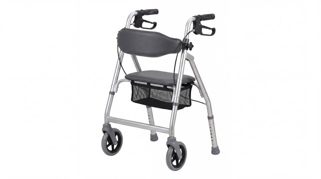 Modern metallic mobility aid with comfortable grey seat and basket for elderly people designed for independent living on white background