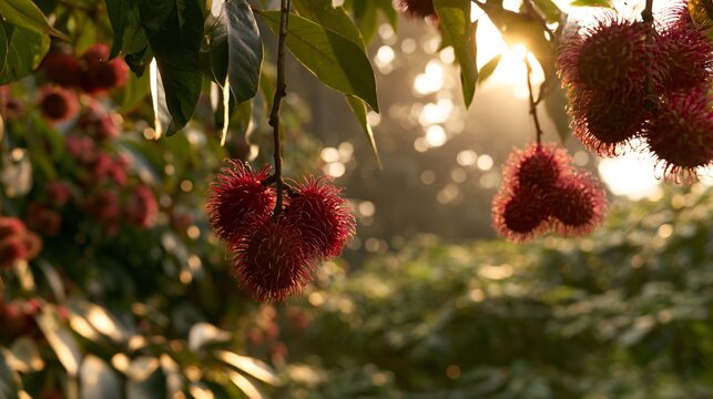 A tropical orchard composition featuring rambutan fruit hanging from branches beneath golden afternoon sunlight and dense rainforest foliage