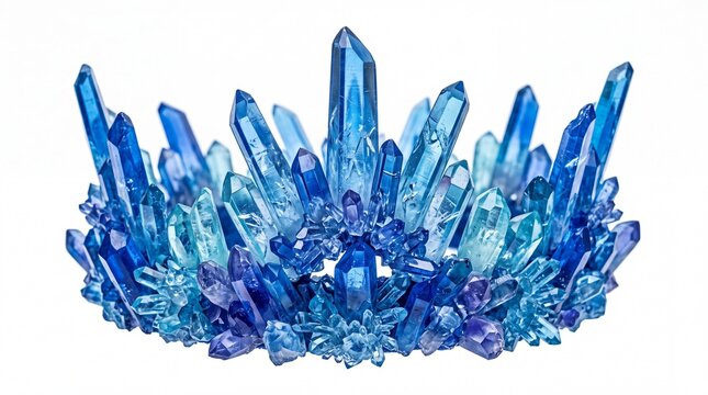 Radiant blue quartz crystal crown displaying jagged sharp edges and deep sapphire hues crafted for magical fantasy royalty on white background