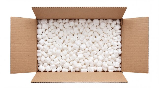 Open brown cardboard shipping box filled with protective white foam packing peanuts for fragile items displayed on white background