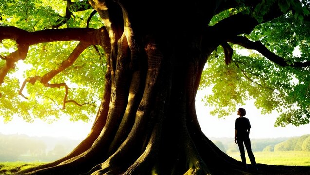 Woman Standing Underneath a Giant Ancient Tree