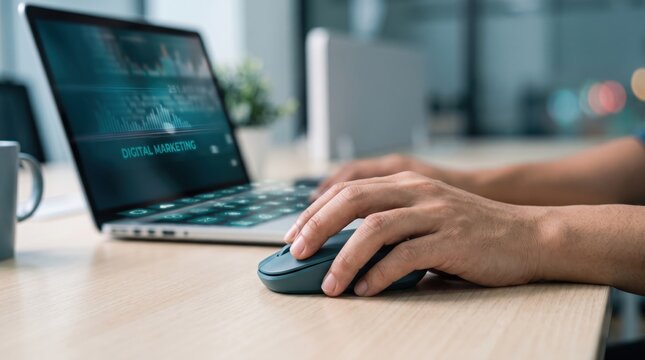 of hands using computer mouse on wooden desk with laptop screen displaying digital marketing analytics graphs and charts in, representing online business strategy, seo optimization