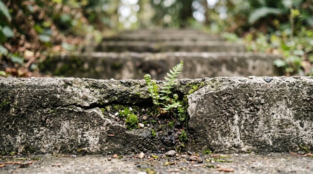 Small green fern plant growing resiliently through crack in old weathered concrete stairs, symbolizing nature reclaiming urban infrastructure, hope, persistence and new life