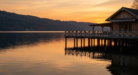Obraz premium Wooden lakeside cabin at dusk with reflection on the water and trees in background