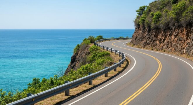 Winding coastal road hugs cliff side, offering ocean views under a clear, bright sky