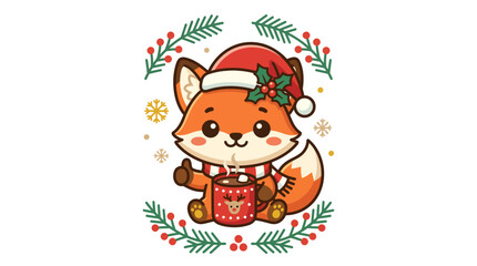 Fototapeta premium Cute cartoon fox wearing a Santa hat holding a hot cocoa mug.
